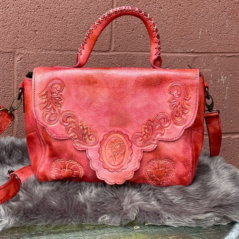 Bed Stu X Anna Sui Collaboration Limited Edition Red Leather Hand Tooled Bag